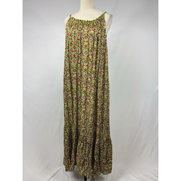 By Anthropologie Maxi Dress Citron Green Pink Floral Paisley Print Large - Picture 2 of 10